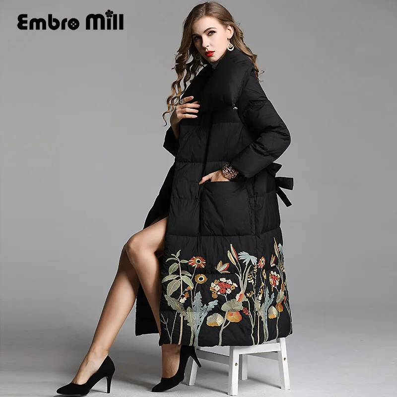 

Royal embroidery flowers Down Jacket coat women winter flowers vintage lady floral loose White duck Down Parkas female M-XXL