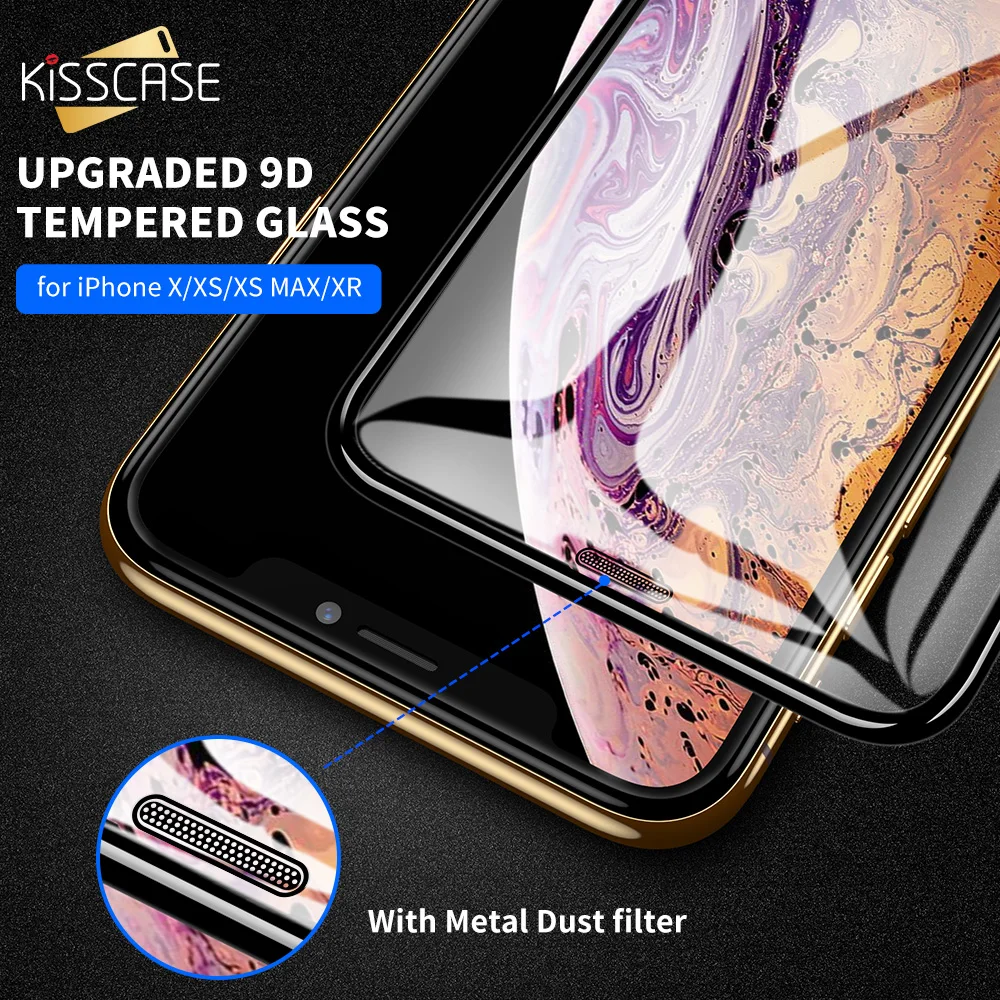 KISSCASE Metall Staub Filter Mesh Gehärtetem Glas für iphone XR XS X 9D Gebogenen Rand Display-schu