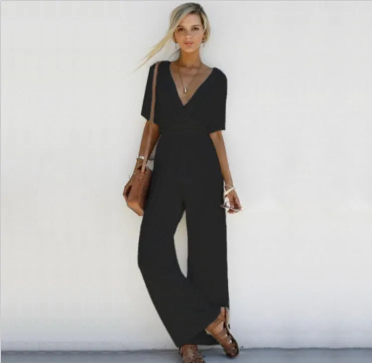 2018 Summer Women's Wear New Cross Deep V Tie Tie Waist, White Black. Pink Wide Leg Pants, Body Pants.