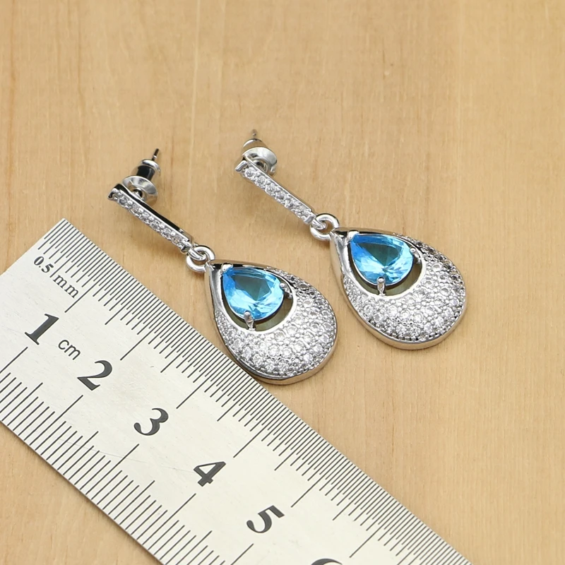Sky Blue Cubic Zirconia 925 Silver Jewelry Sets For Women Water Drop Earrings With StonePendantNecklaceRing drop shipping (3)