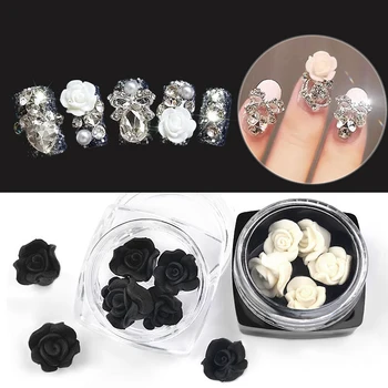 

5pcs/lot Nail Art Decorations Soft Pottery Rose Flowers Black White Petal Handmade Carved Finished Nails Jewelry Accessories