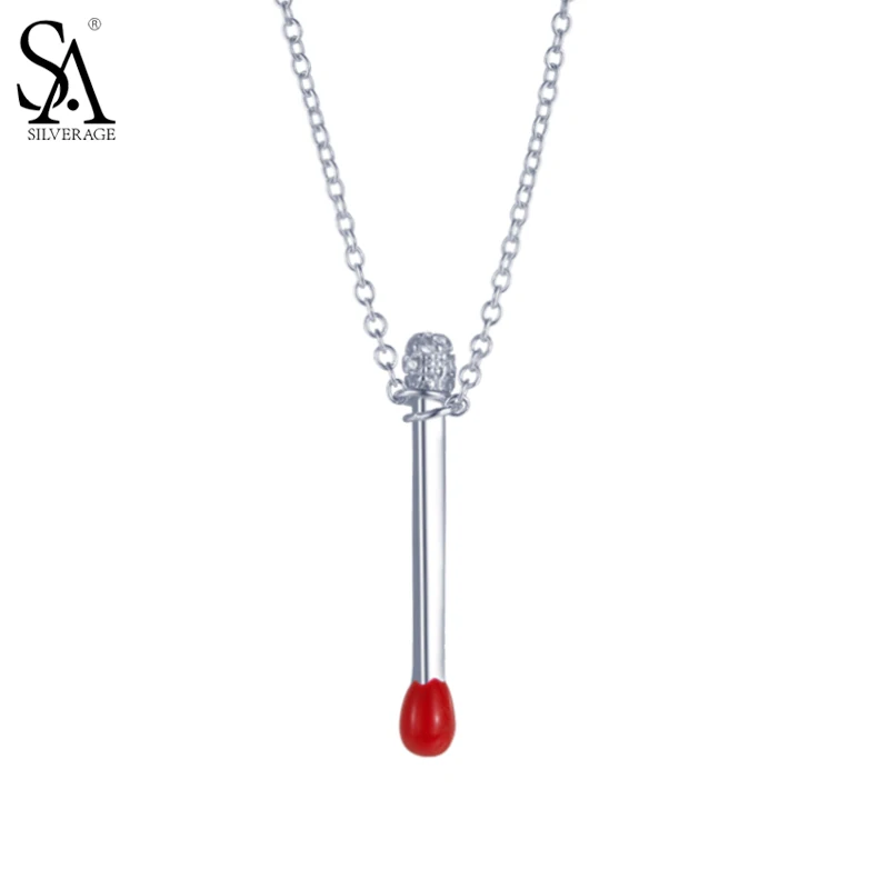 

SA SILVERAGE Silver Necklace Match Stick Pendant Real Pure 925 Sterling Silver Necklace Women For Girl Gift Cute S925