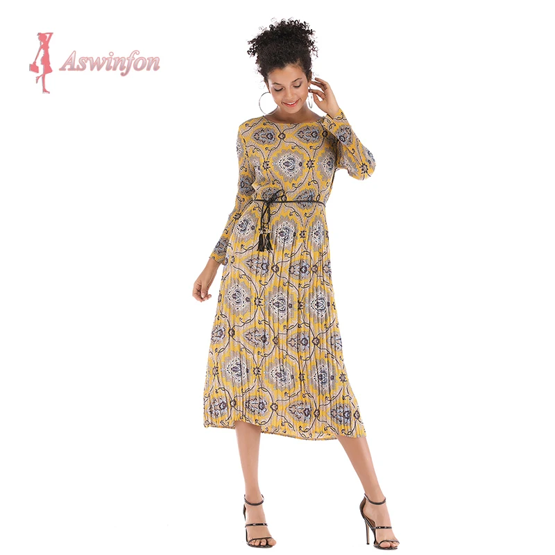 

Aswifon Long Sleeve Pleated Midi Dress Women Fashion Casual Round Neck Chiffon Floral Dresses 2019 with Fluid Hem For Ladies