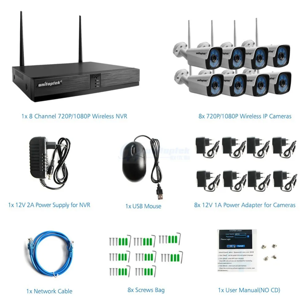 Unitoptek 4CH 8CH Беспроводная NVR домашняя система безопасности 720P 1080P HD CCTV видео наблюдение NVR комплект 2.0MP Wifi наружная камера комплект