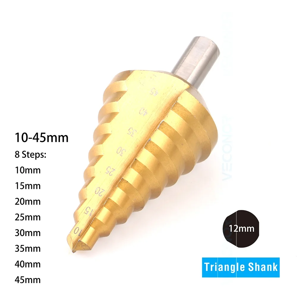 Veconor 10-45mm impact step drill bit titanium nitride coated HSS steel hole cutter tool set 12mm triangle shank Veconor 10-45mm impact step drill bit titanium nitride coated HSS steel hole cutter tool set 12mm triangle shank