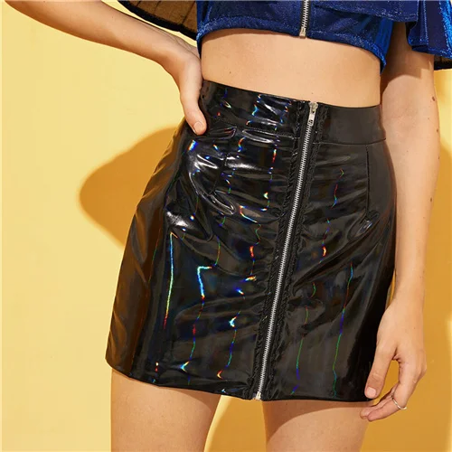 ROMWE/черная юбка с деталями из искусственной кожи на молнии, женская летняя коллекция года, Гламурная Оболочка, простые Клубные узкие короткие мини-юбки - Цвет: Черный