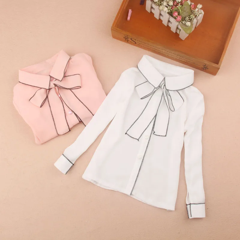Одежда для девочек Осенняя детская одежда Блузка для девочек Детская рубашка шифоновая белая блузка с очаровательным бантиком блузки, детская одежда От 2 до 16 лет