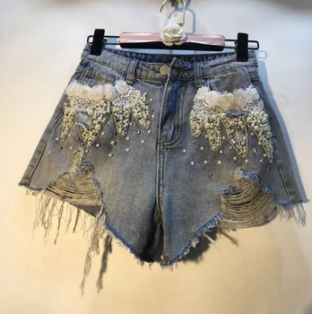 

2019 Summer New Arrival Diamond Stitching Lace Pearl Beaded Denim Shorts Women High Waist Wide Legs Denim Jeans Shorts