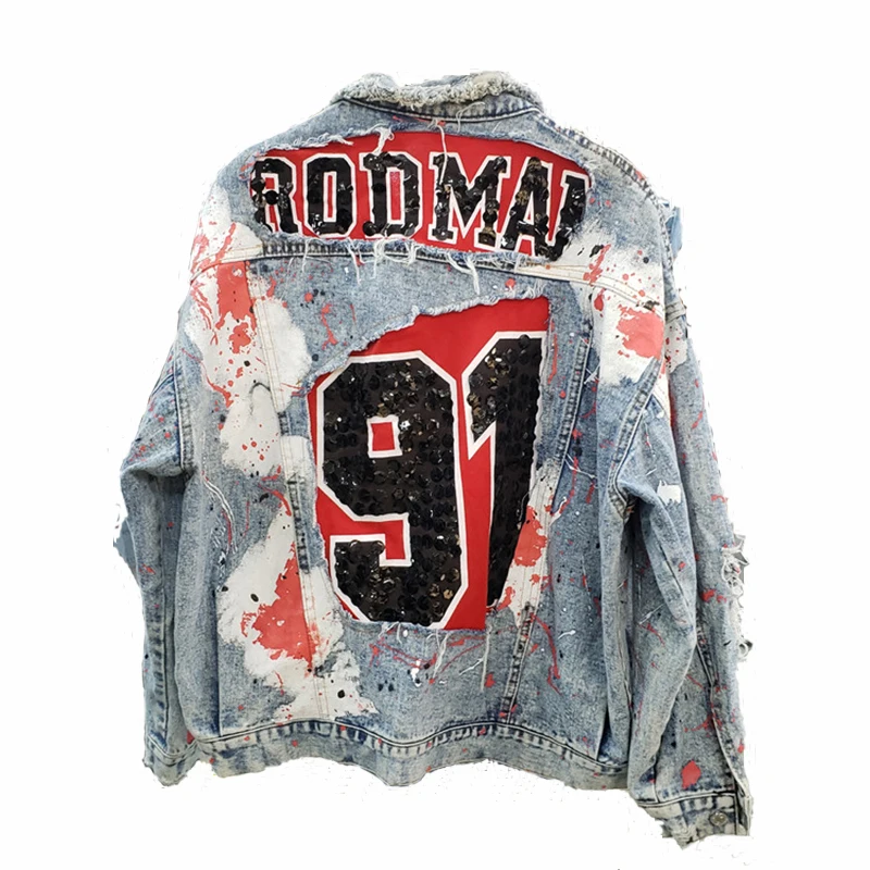 

Spring Graffiti printed sequins Denim Coat Long Sleeve Pearl Loose Harajuku BF Jeans Jacket Holes Outerwear