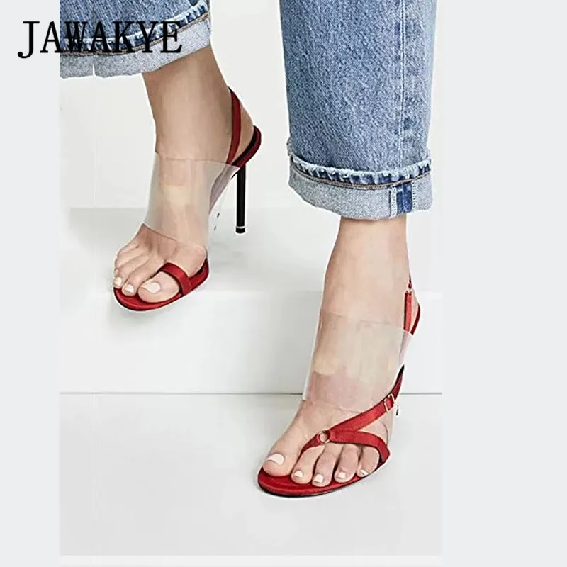 

JAWKYE Sexy flip flops High heels Sandals women PVC patchwork Transparent Summer Clear Shoes Woman Slingback gladiator sandals