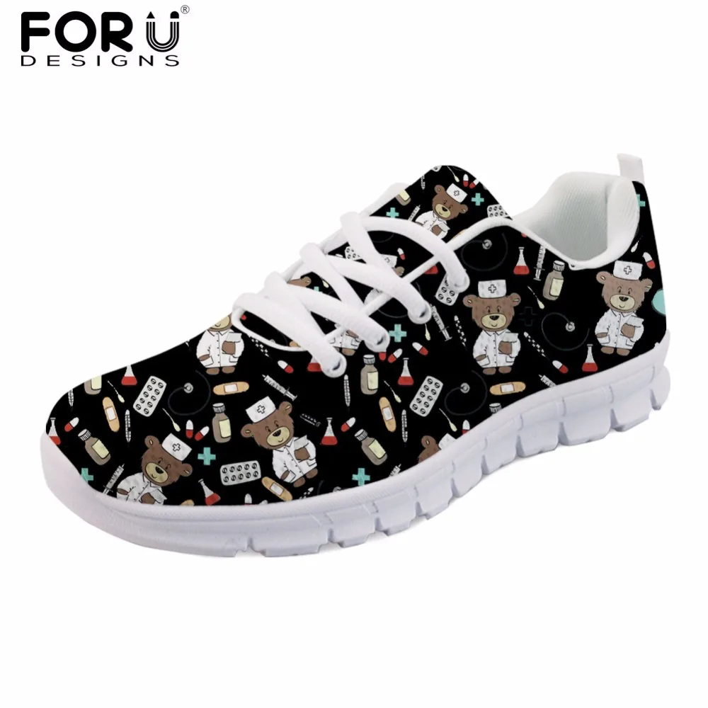 

FORUDESIGNS Black Cute Cartoon Nursing Women Flats Shoes HOT Casual Women's Sneakers Nurse Pattern Light Weight Shoes for Ladies