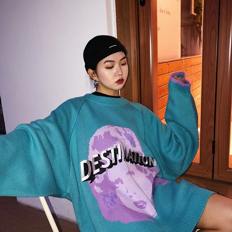 

Jasmine mid-long sweater weird girl like embroidered loose Street dark wind knitted sweaters