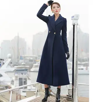

Hot sale winter elegant long paragraph Double breasted coat woollen overcoat Lapel waist wool coat