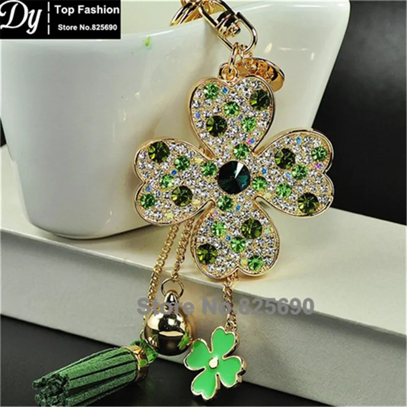 

Full rhinestone four leaves grass tassel women's crystal car keychain key chain ring bag hangings