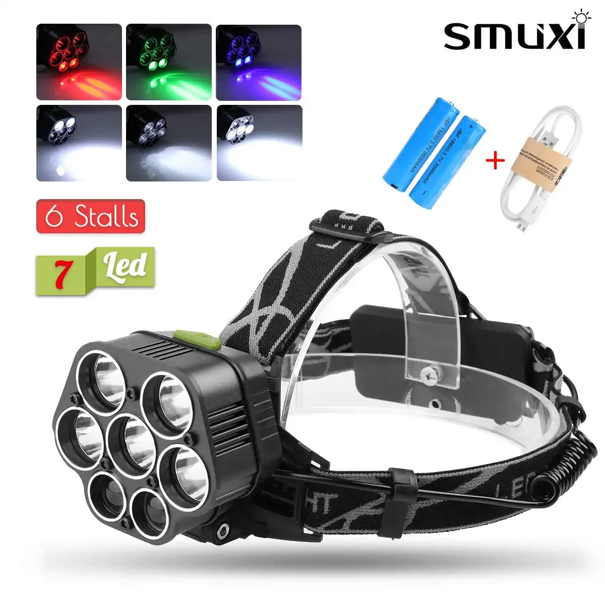 

60000lm LED Smuxi headlamp 7*t6 headlight 6 modes head light waterproof flashlight zoomable 2x18650 include for hunting cycling