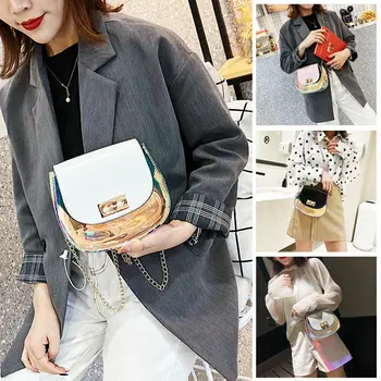 

Fashion Women's Leather Handbag Tote Purse Crossbody Messenger Patchwork Hasp Jelly Chain Belt Sling Bag
