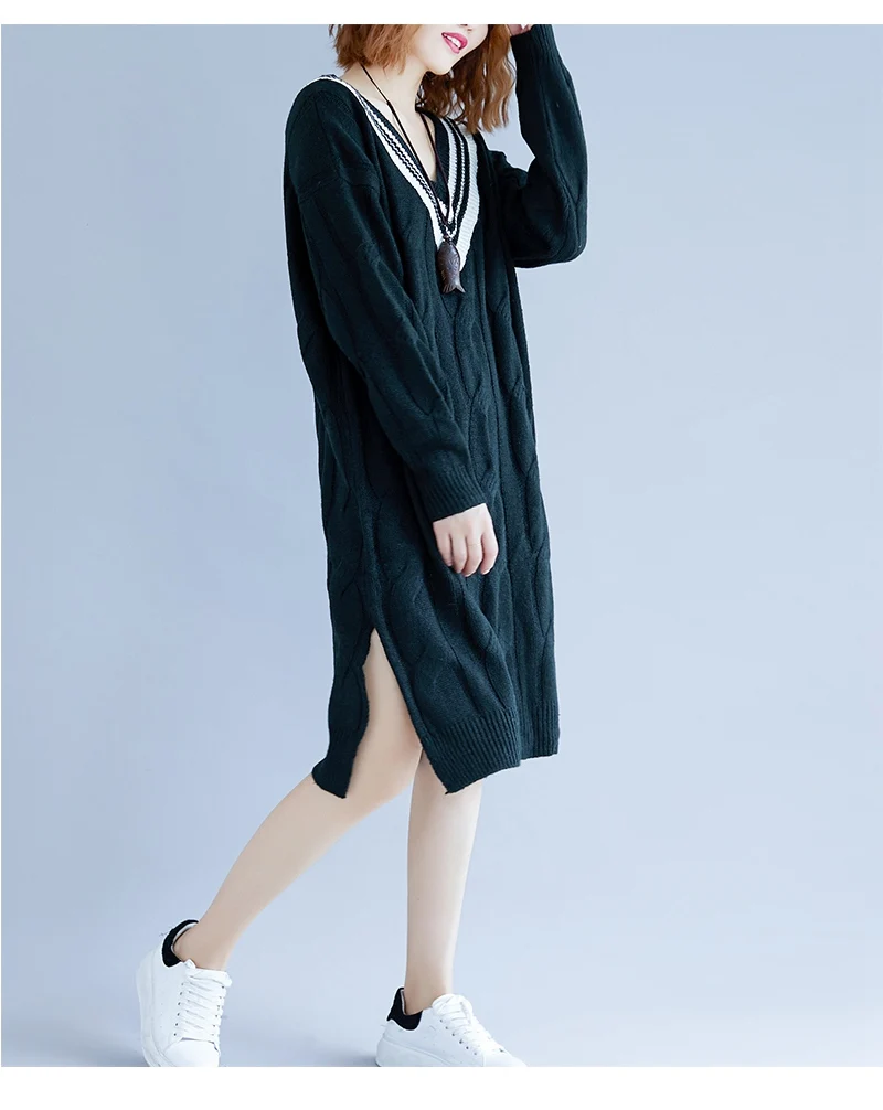 2018 New Autumn Knitted Sweater for Woman Plus Size Loose Striped V-neck Long Sweater Black Pink MMHH722 2018 New Autumn Knitted Sweater for Woman Plus Size Loose Striped V-neck Long Sweater Black Pink MMHH722