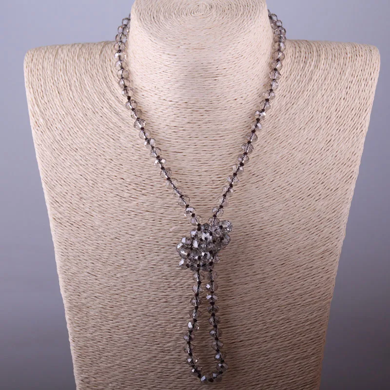 Bohemian Jewelry Knotted Long Blush Crystal Necklace