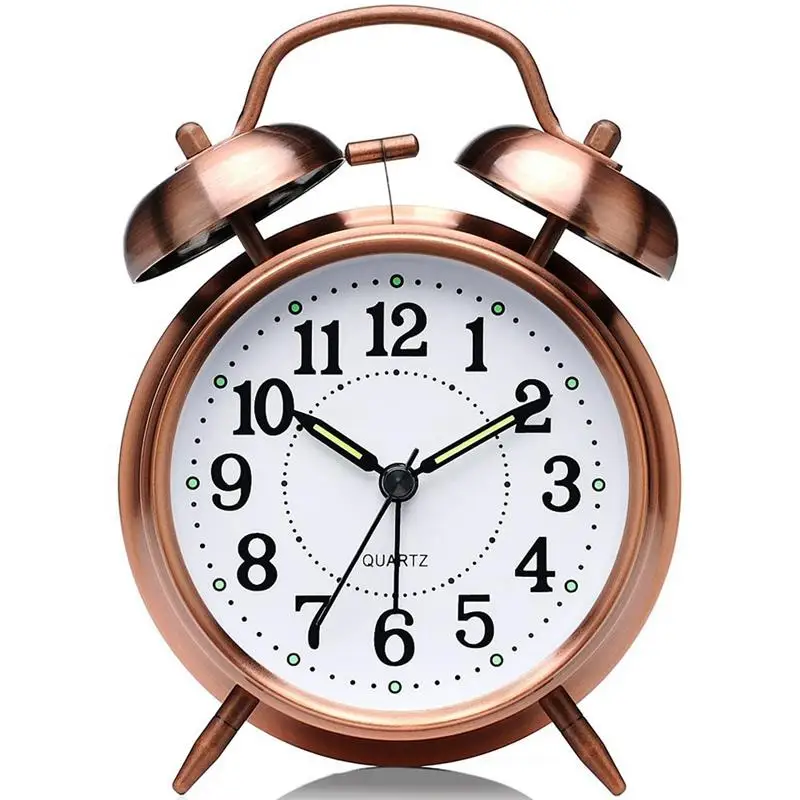 

Non-Ticking 4Inch Twin Bell Alarm Clock - Metal Frame 3D Dial With Backlight Function - Desk Table Clock For Home And Office