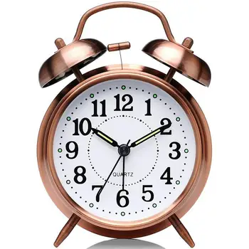 

Non-Ticking 4Inch Twin Bell Alarm Clock - Metal Frame 3D Dial With Backlight Function - Desk Table Clock For Home And Office