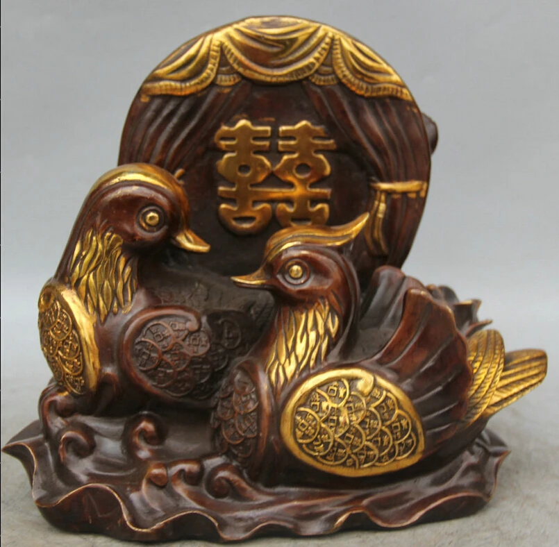 

S5989 10" Chinese Bronze Gild Wealth Money spouse Mandarin Duck Bird Statue sculpture D0318
