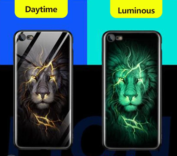 Высокое качество Модный чехол в виде тигра льва волка чехол в виде светящегося стекла для iPhone X 6 6s 7 8 Plus 5 5S SE XS Max XR Роскошный чехол чехол - Цвет: Lion