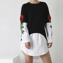 Women ‘s Fake Two Pieces Long Shirt Plus Roses Embroidery Long Sleeves Shirt Blouse Fashion Tops