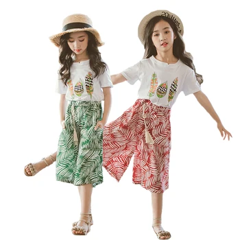 

Girl Clothes Summer Two-piece Set Cartoon Printing Short-sleeved T-shirt Wide-leg Pants Hot Sale 4-12 Y Child Quality Clothing