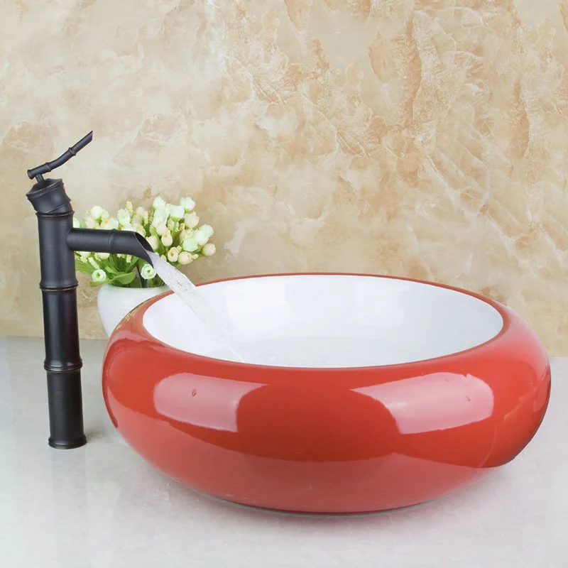 Black Tap Red Sink OUBONI Овальный умывальник из бамбука, Черный кран, раковина для ванной комнаты, умывальник из закаленной керамики, ручная роспись, для ванны, латунный набор, кран, смесители - Цвет: Black Tap Red Sink