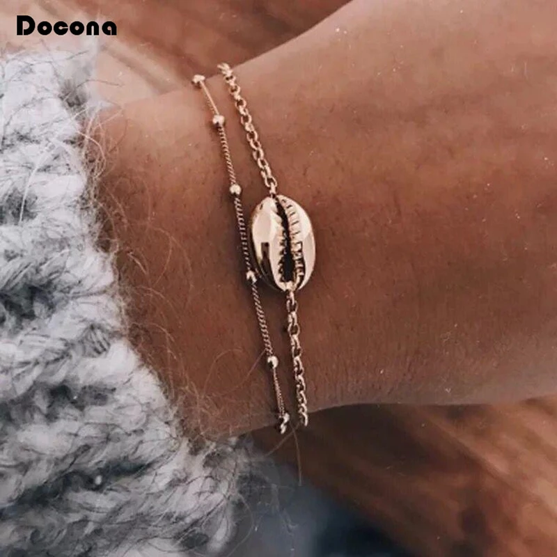 

Docona Bohemia New Arrival Gold Color Bracelets 2pcs/sets Chain Summer Shell Shape Bangles Jewelry For Women Ladies Jewelry 3699