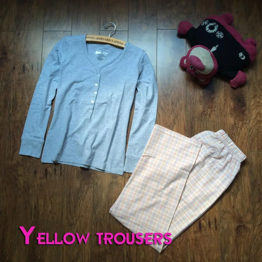 Сексуальные женские пижамные комплекты из хлопка с v-образным вырезом, простые женские пижамы с длинным рукавом, простые женские пижамы на осень - Цвет: Gray Top yellow