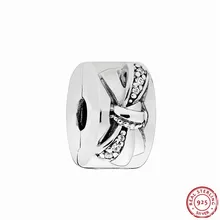 Новые прозрачные CZ текстурированные ленты блестящие лук бусы-клипсы для женщин ювелирных изделий DIY Fit PANDORA Подвески Серебро 925 CL049