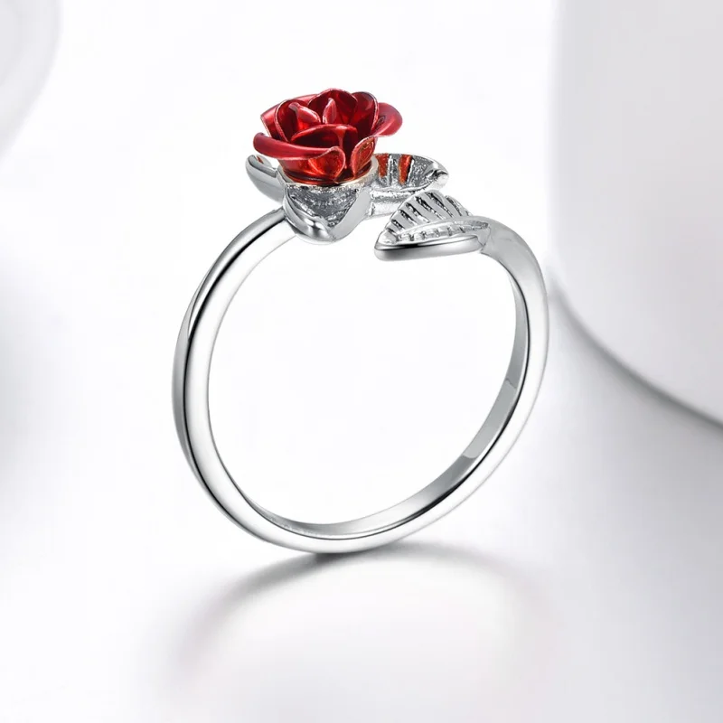 Party Favors Red Rose Garden Flower Leaves Resizable Finger Rings Women Valentine's Day Lover Wedding Decor Gift Jewelry Party