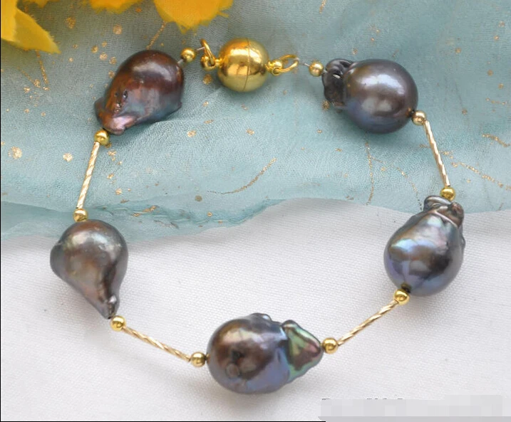 

Z5608 REAL 8" 17mm black BAROQUE KESHI REBORN PEARL gild 5star bracelet @^Noble style Natural Fine jewe SHIPPING 5.25