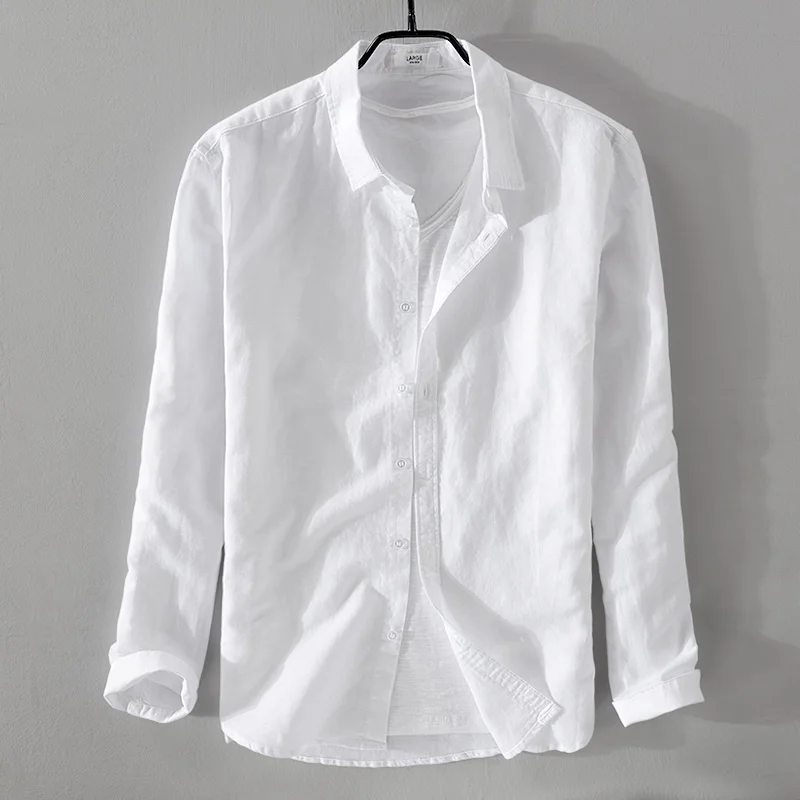

New style long-sleeved linen and cotton shirt men brand fashion turn-down collar men shirts 5 colors solid mens shirt camisa