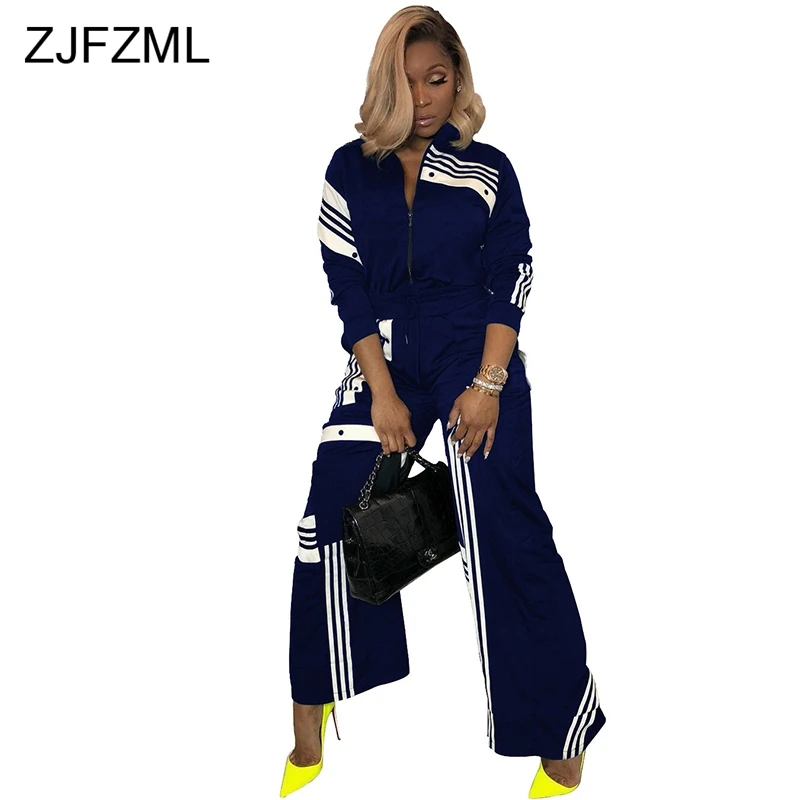 

Women Two Piece Outfit Casual White Striped Sweatsuit Stand Collar Full Sleeve Coat Top+Drawstring Wide Leg Pant 2 Pcs Tracksuit