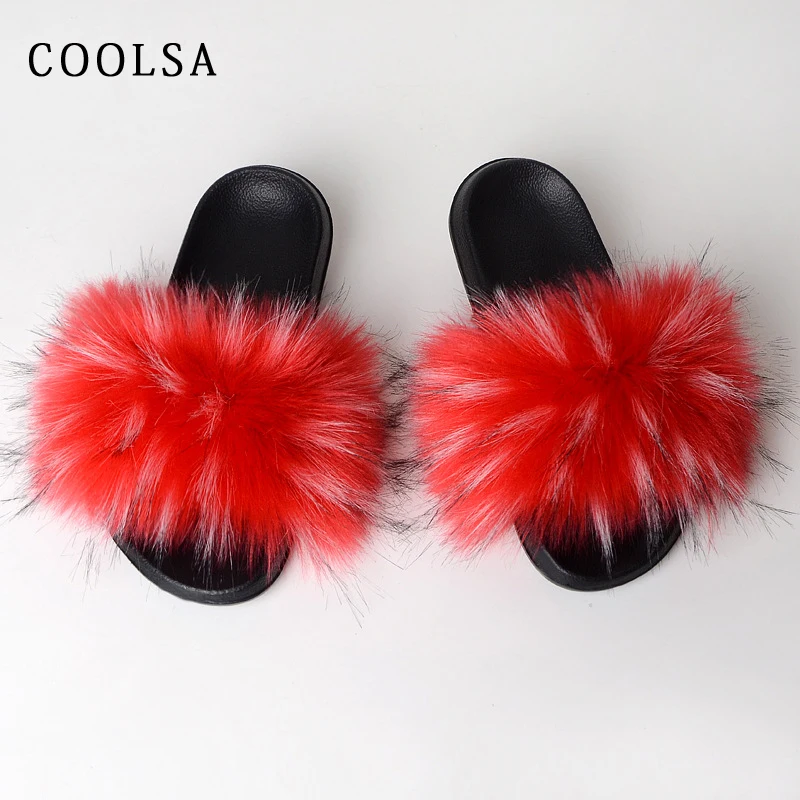 

Women Faux Fox Fur Slides Women's Fur Slippers Home Furry Flat Sandals Female Cute Fluffy House Shoes Woman Raccoon Fur Slippers