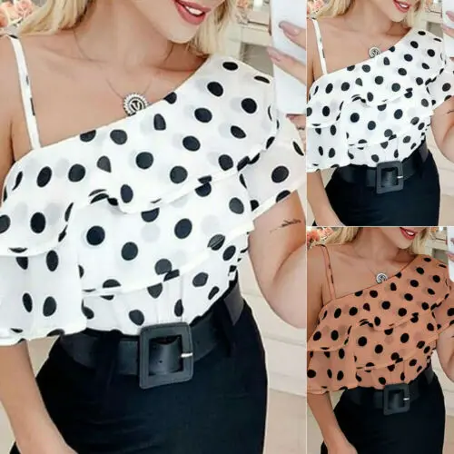 

2019 Women One Shoulder Short Sleeve Ruffle Tunic Polka Dot Blouse T-Shirt Tops