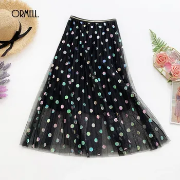 

ORMELL Colored Sequin Dot Long Tulle Skirts Womens A Line 2019 Summer Casual Trendy Tutu Skirt Elegant Black Pink Ladies Skirts