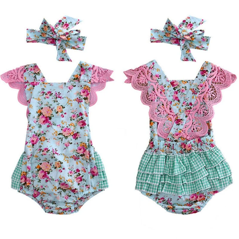

Newborn Cute Baby Floral Lace Bubble palid ruffle romper with headband