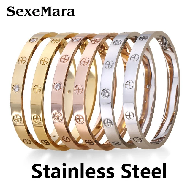 

SexeMara Love Bracelet Stainless Steel Rose Gold Silver Bangles Cubic Zirconia Bangle For Women Men Couples Jewelry Gift