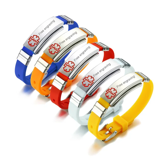 Personalized Medical Alert ID Tag Silicone Bracelet Adjustable