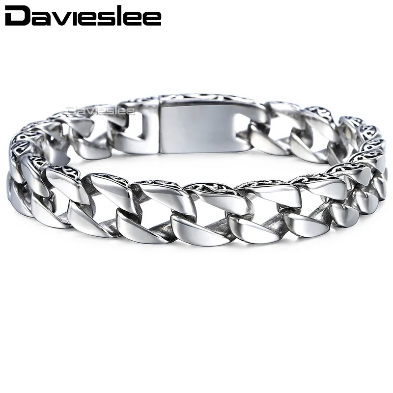 Goede Heren Armband Chain 316L Rvs Curb Cubaanse Kettingen Armbanden voor Mannen Davieslee Mode Groothandel Sieraden 11mm DLHB30
