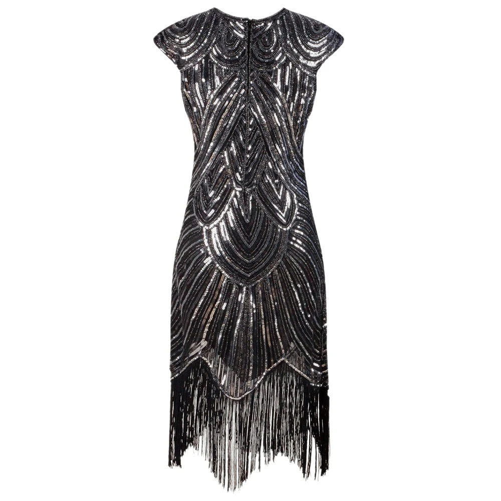1920s Vintage Flapper Great Gatsby Dress  O-Neck Cap Sleeve Sequin Fringe Lace Party Midi Dresses Sequin Embellish Summer Dress