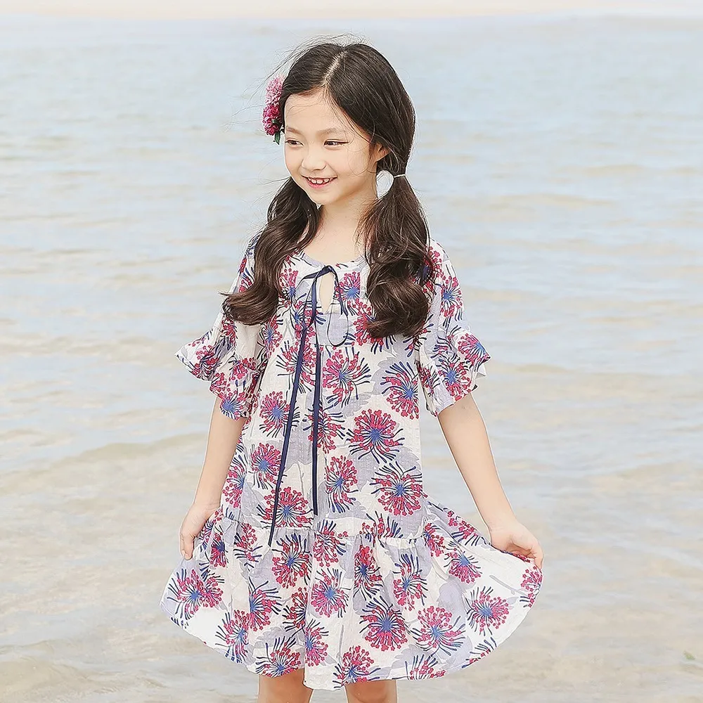 

Petal Sleeve Summer Dress Girl 2018 Beach Flowers Print Teenage Children Dresses For Girls Holiday Baby Clothes