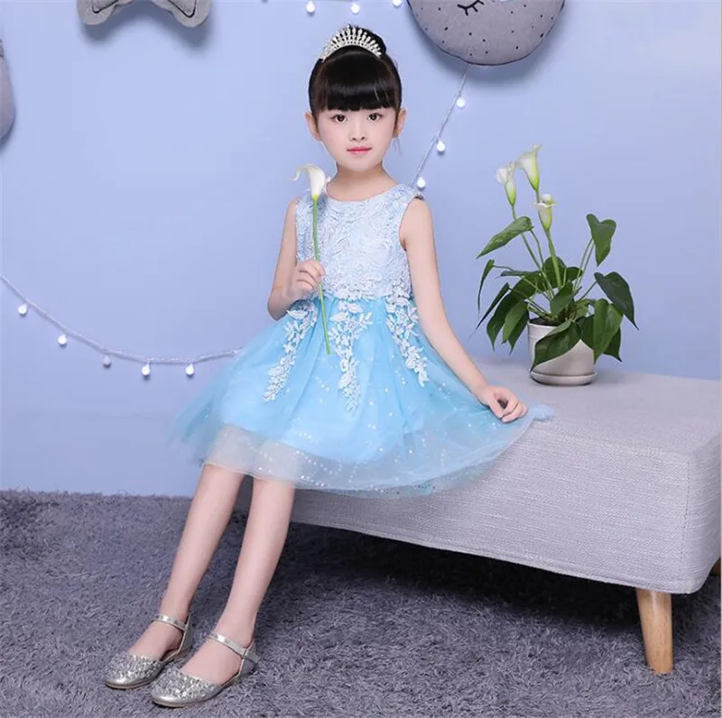 

2017 New Blue Flower Girls Dress With Bow Princess Party Pageant Formal Dress Crossed Back Sleeveless Lace Tulle Dress