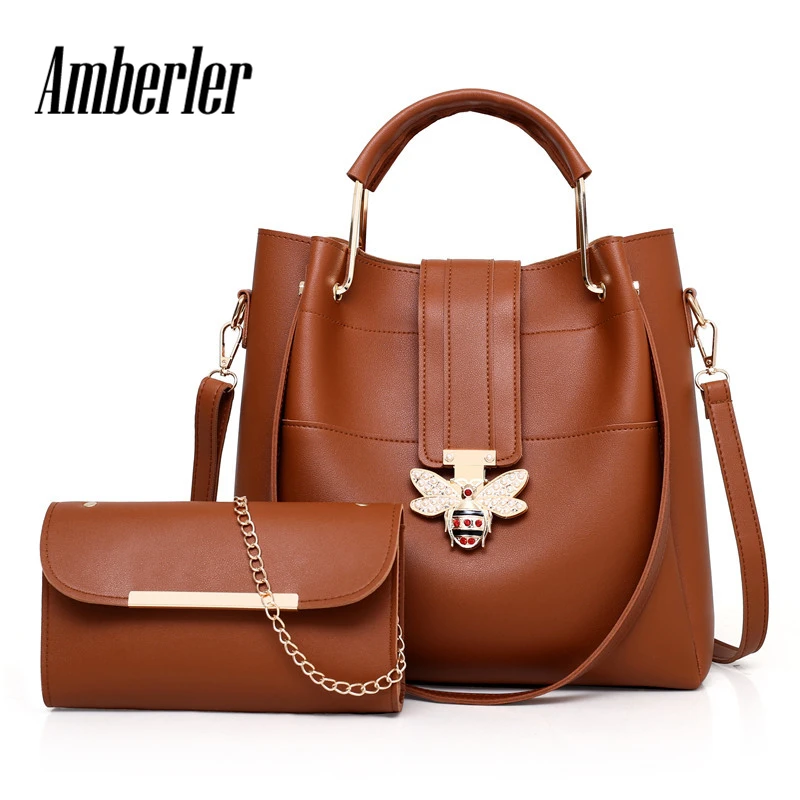 Women Two Tone 2 Piece Shoulder Bag Set Ladies Designer PU Leather Tote Handbag