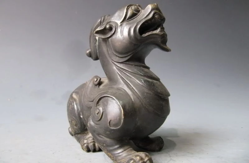 

5"Chinese regius pure bronze Copper talisman Animal Foo Dog beast Monstes Statue