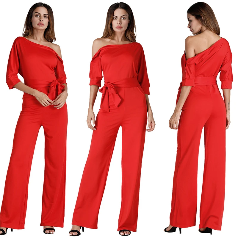 Solid Off Shoulder Loose Jumpsuits Buttons Up Half Sleeve Sashes Wide Leg One Piece Pants Women Rompers