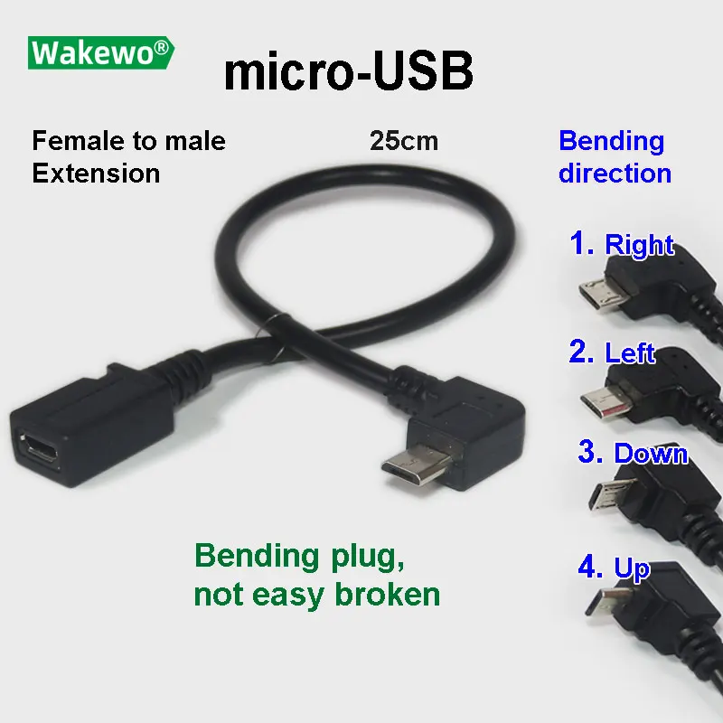 Гибкий Удлинительный кабель micro USB WAKEWO микро гнездо штырь Колено 90 прямоугольный